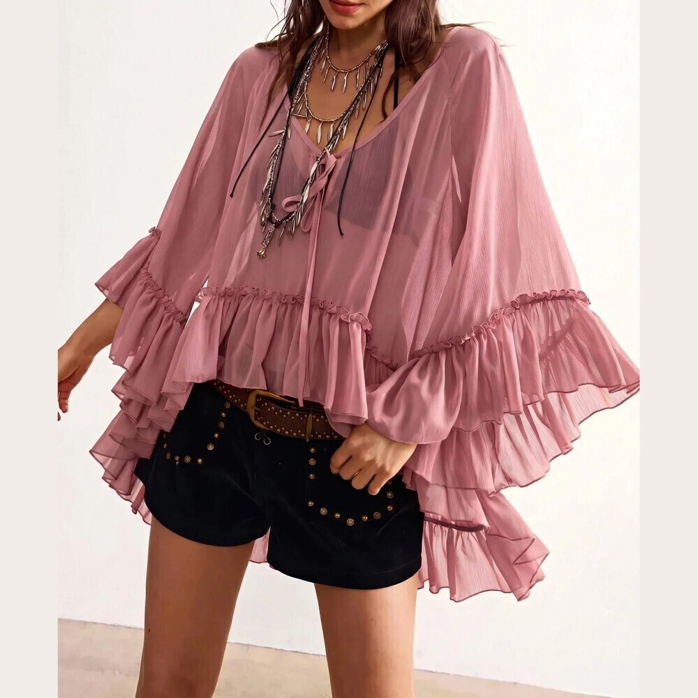 Dusty Rose Sheer Tie Neck Tiered Ruffle Bell Sleeve Oversized Blouse